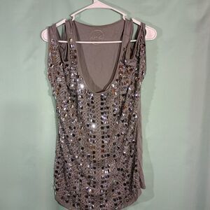 Women’s Sequin Tank Top – Silver Gray Sleeveless Party Club Sparkle Top